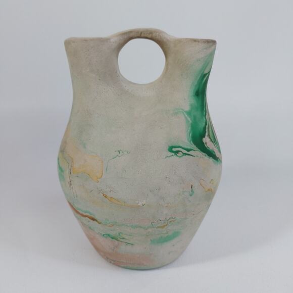 Nemadji Pottery Vase Native American Style Double Spout Green Wedding Vase - Picture 5 of 7